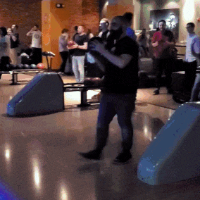 Animated gif, Phil bowls a strike and dances shamelessly